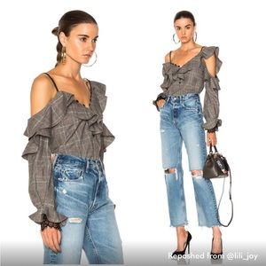 Self-Portrait Plaid Off The Shoulder Black Lace Top Size 2